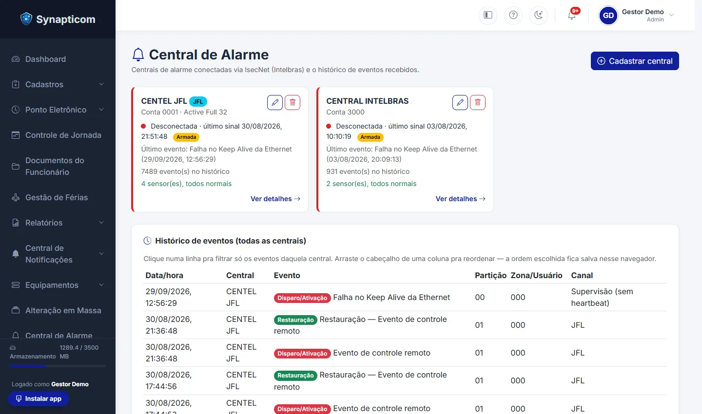 Tela da Central de Alarme com duas centrais e o histórico de eventos