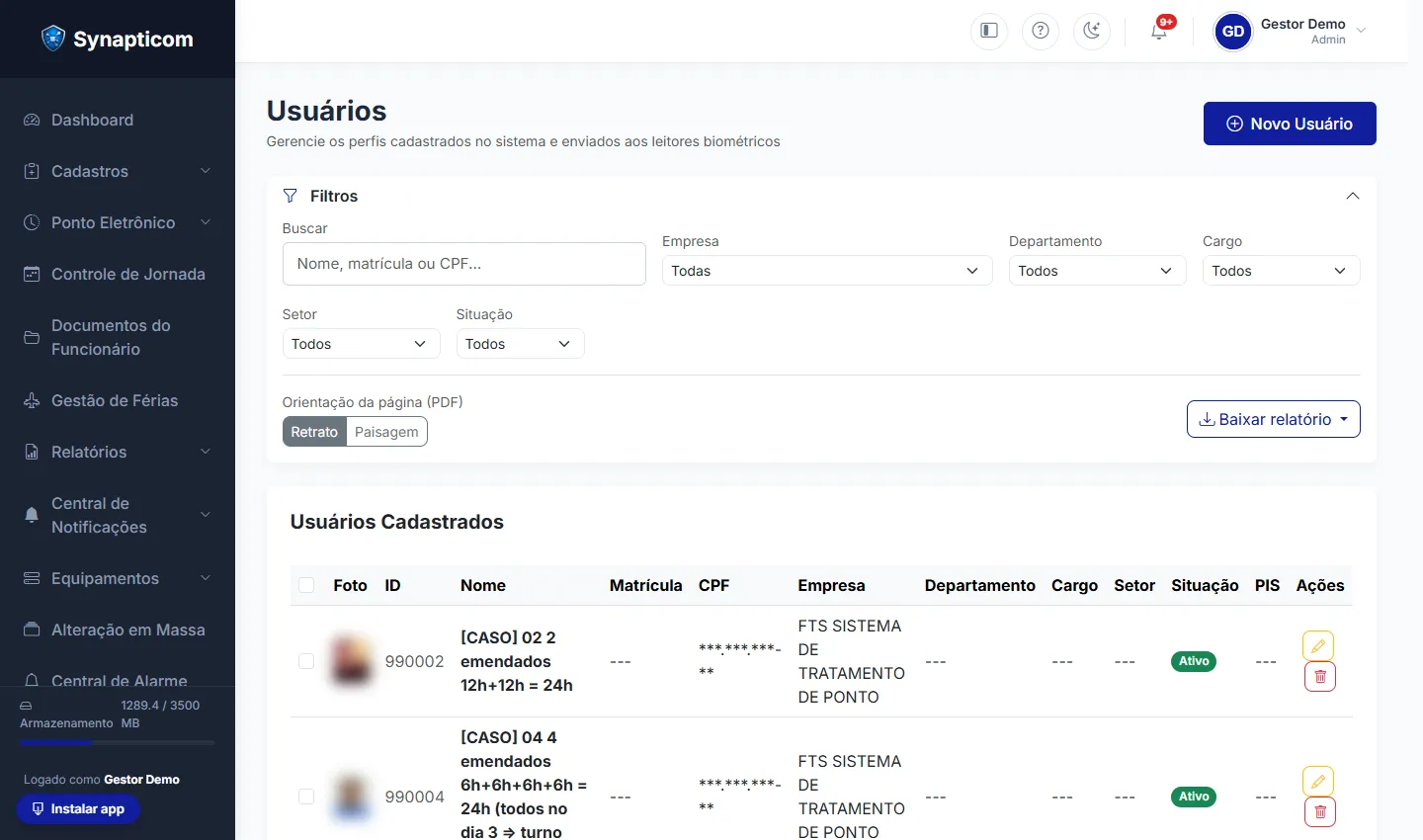 Tela de cadastro de usuários do controle de acesso (fotos e CPF ocultos)