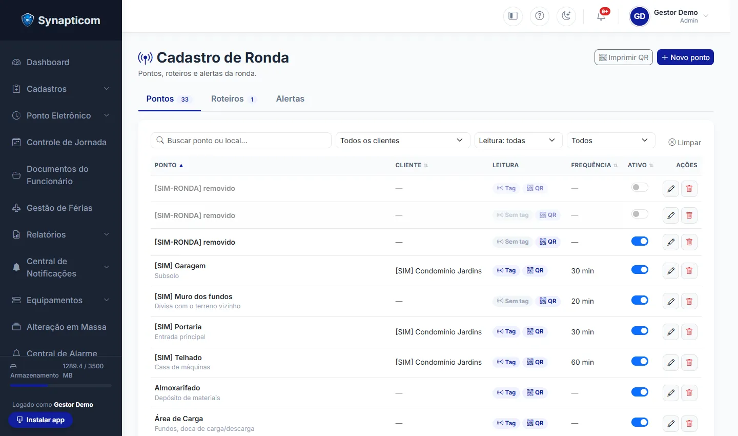 Cadastro de Ronda com a lista de pontos, os selos de tag e QR e o botão de ativar
