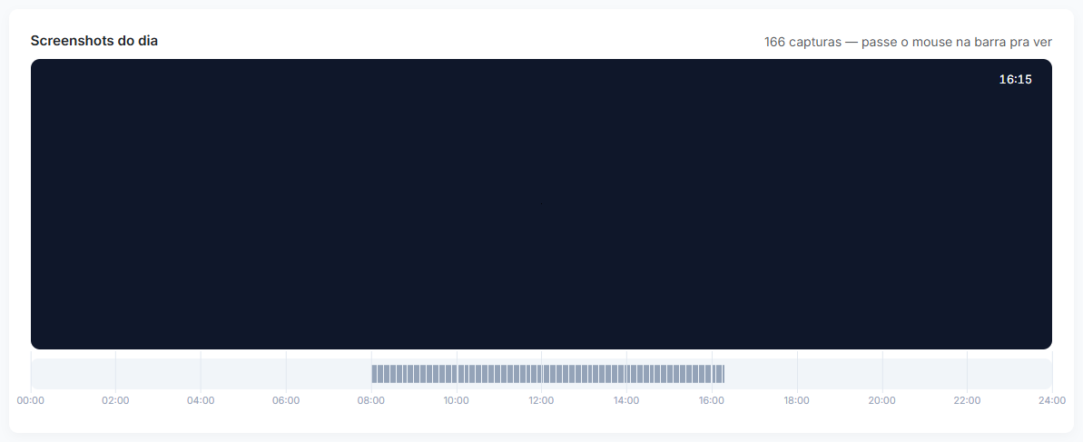 Linha do tempo de screenshots do dia, com 166 capturas marcadas entre 08h e 16h, e uma prévia da imagem mais recente